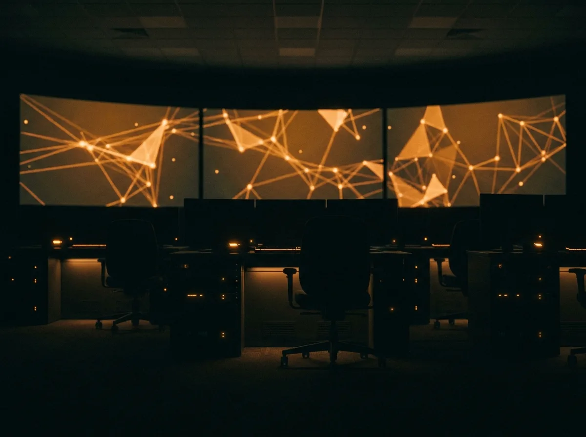 Dark network operations room with amber wall screens