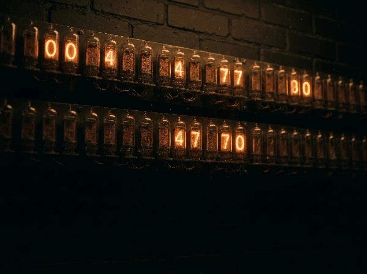 Rows of nixie tube digits glowing amber in the dark