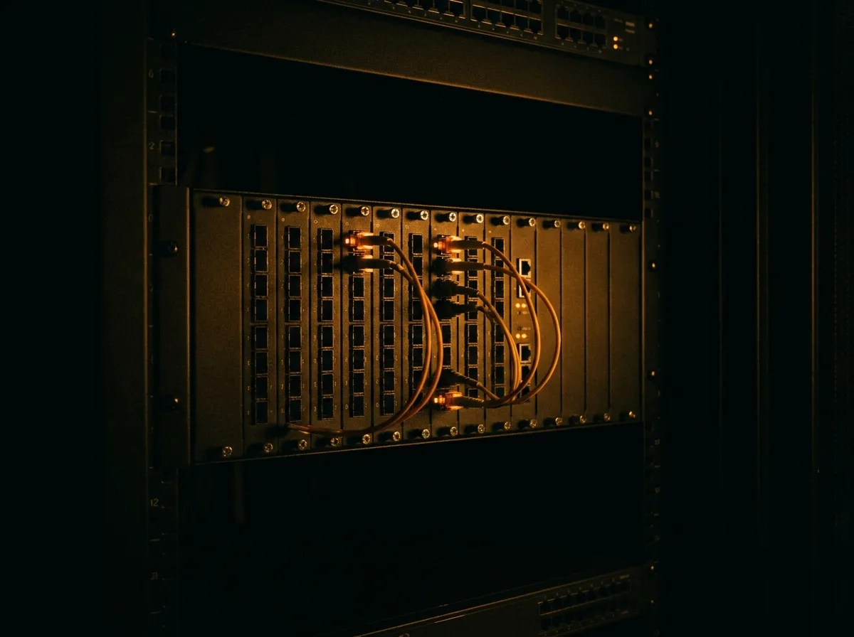 Amber-lit patch cables in a dark telecom rack